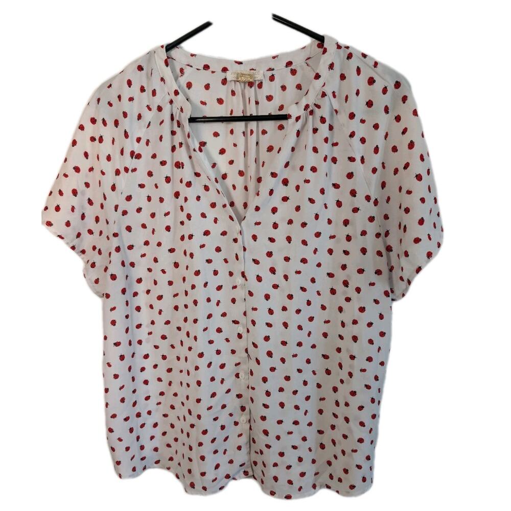 Finn & Grace Shirt Top Ladybugs Flowy Size Large V-neck Women's Blouse Tunic EUC